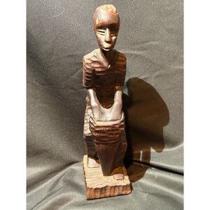 Hand Carved Wooden Seated Woman Figure 10"